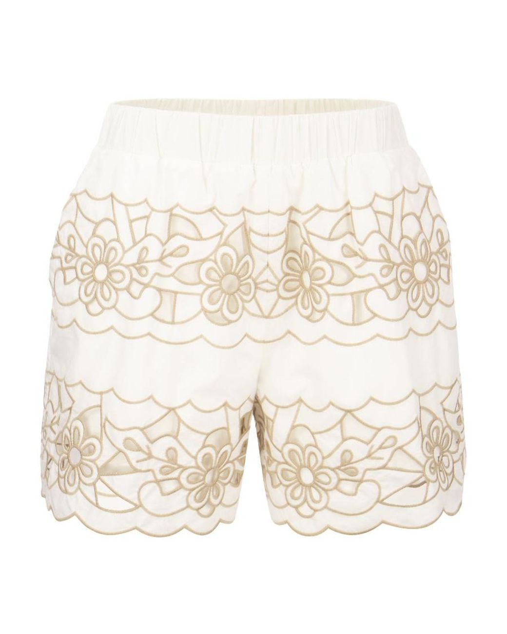 RED Valentino Natural Floral Cut-Out Embroidered Shorts