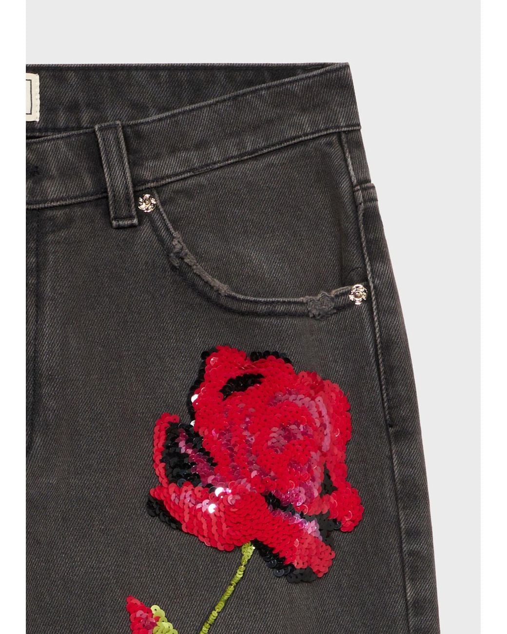 Blumarine Red Wide-Leg Jeans With Sequin Embroidery