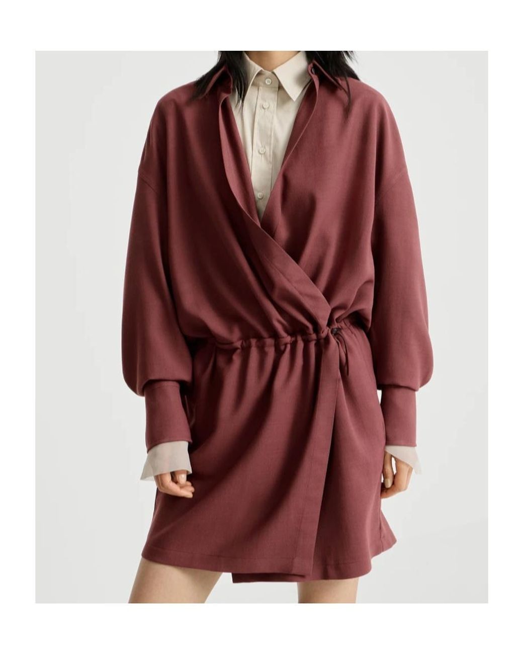 Brunello Cucinelli Red Virgin Wool Fluid Twill Shirt Dress With Monili