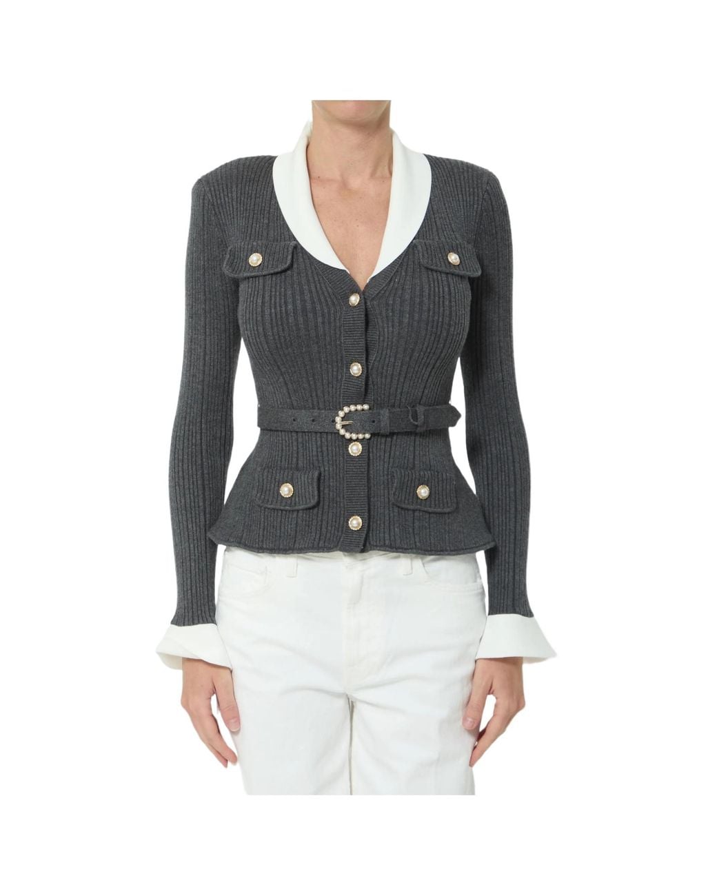 Self-Portrait Black Ribbed-Knit Cardigan With A Cinched Waist