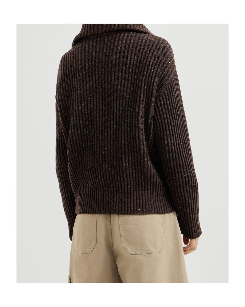 Brunello Cucinelli Black Sparkling Dazzling Cashmere And Wool Ribbed Cardigan With Shiny Zipper Pull