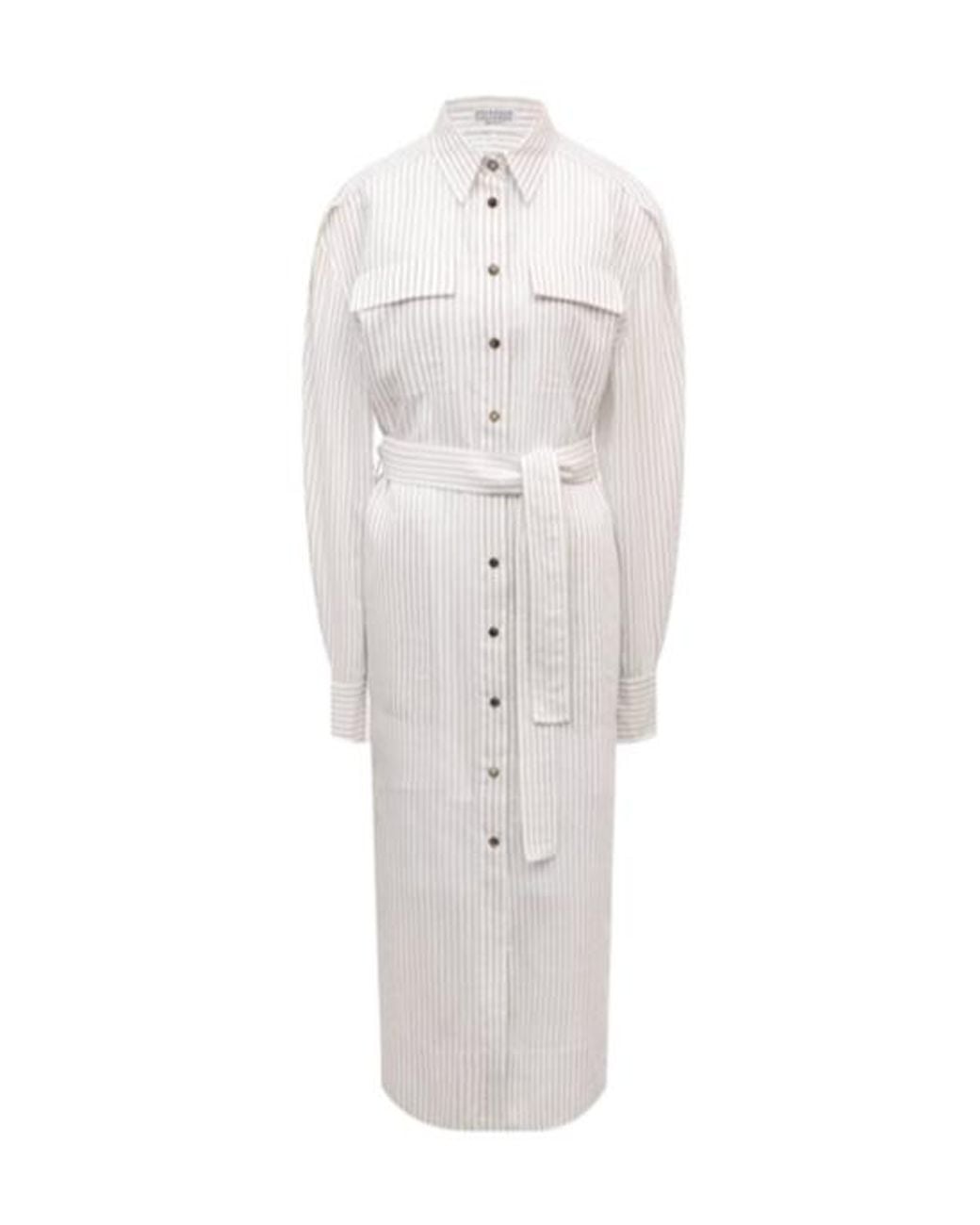 Brunello Cucinelli White Striped Shirt Midi Dress