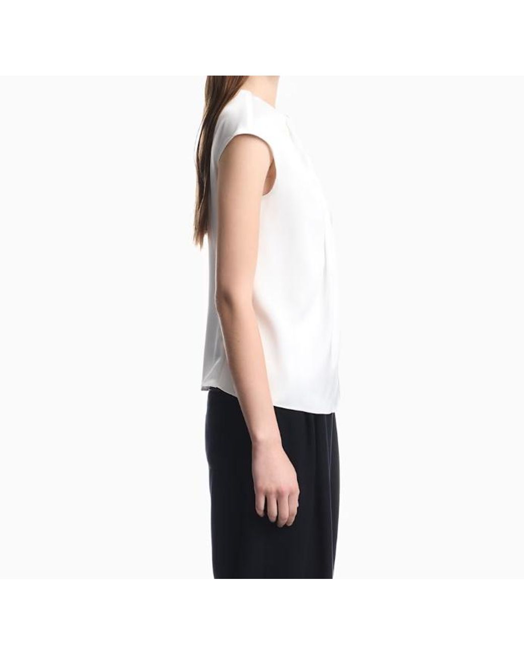Emporio Armani White Crewneck Pleated Cap-Sleeved Blouse