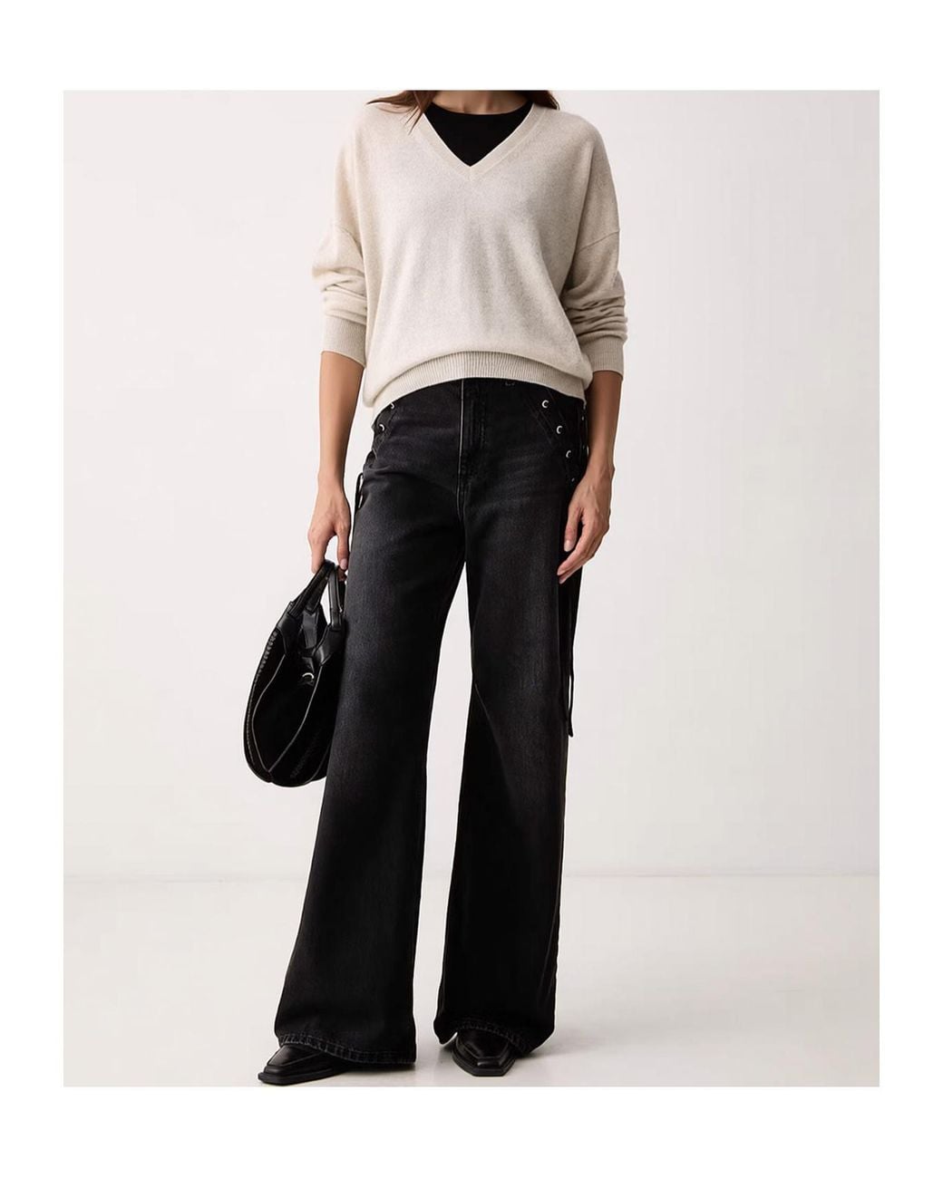 Marella Black Wide-Leg Jeans With Tie-Up Detail
