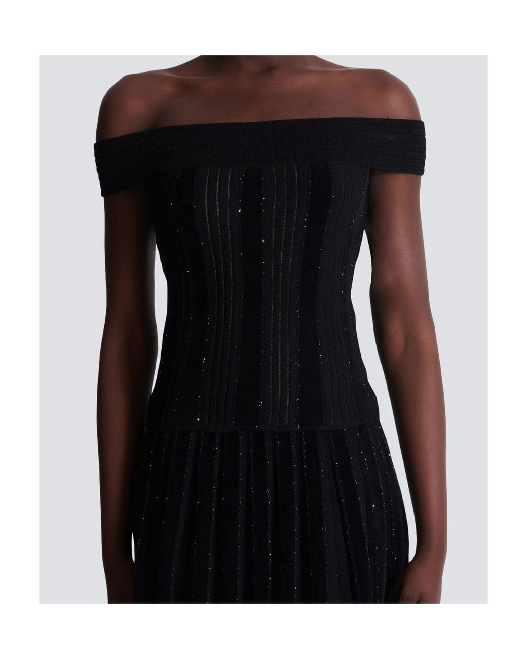 Balmain Black Off-The-Shoulder Glitter Knit Top