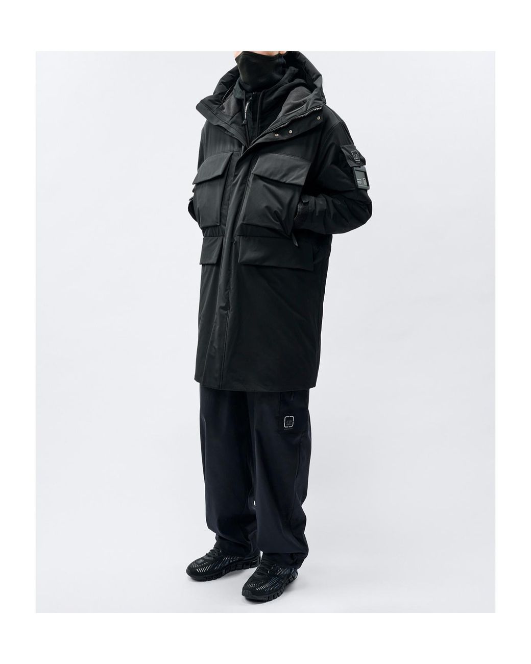C P Company Black Long Hooded Coat for men