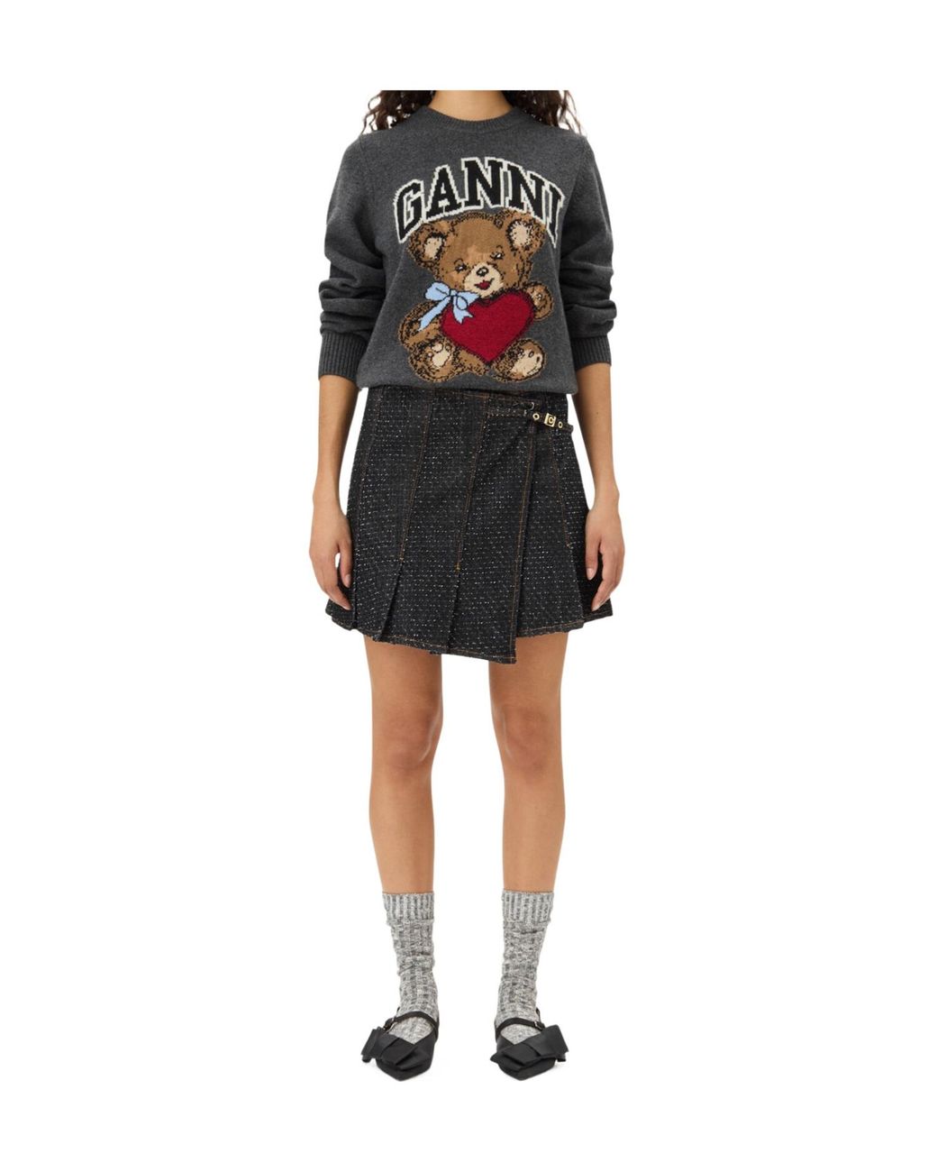 Ganni Gray Graphic Bear Crewneck Jumper