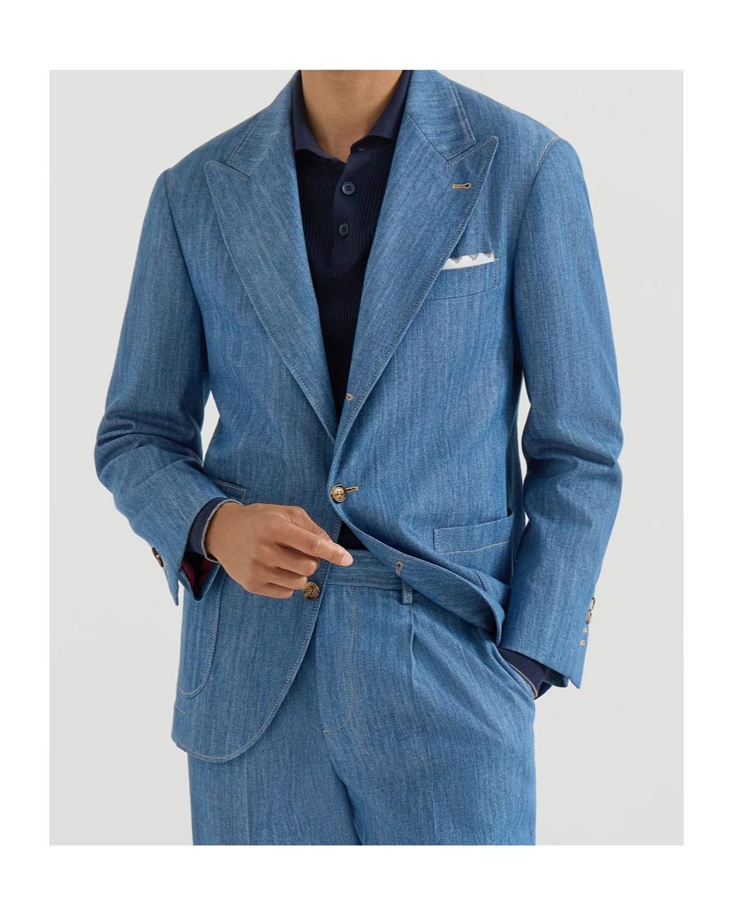 Brunello Cucinelli Blue Lightweight Denim Deconstructed Peak-Lapel Blazer With Patch Pockets for men