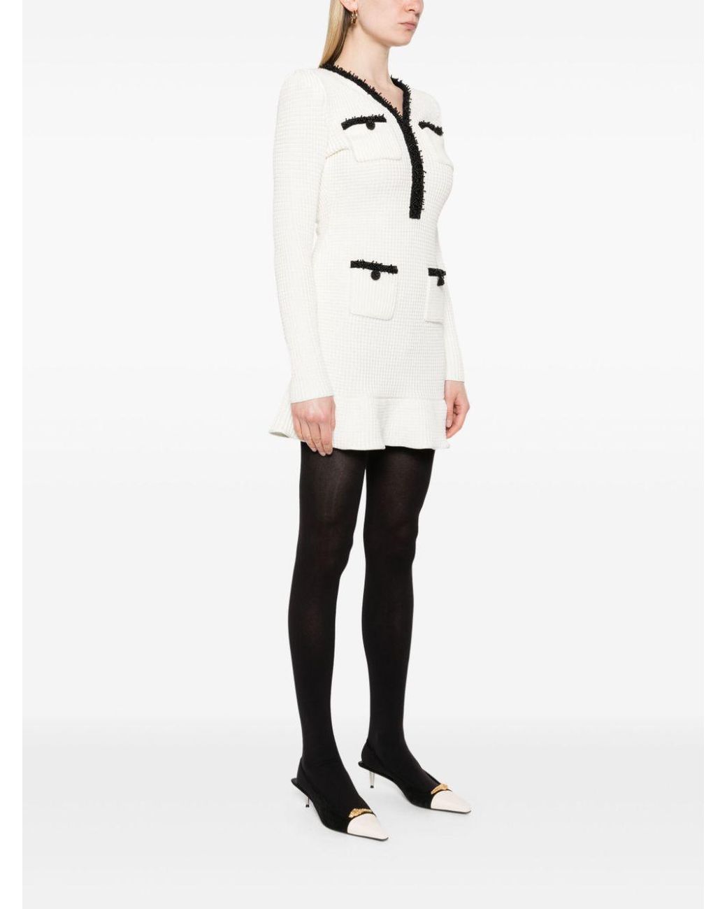 Self-Portrait White Bead-Detailed Long-Sleeved Mini Dress