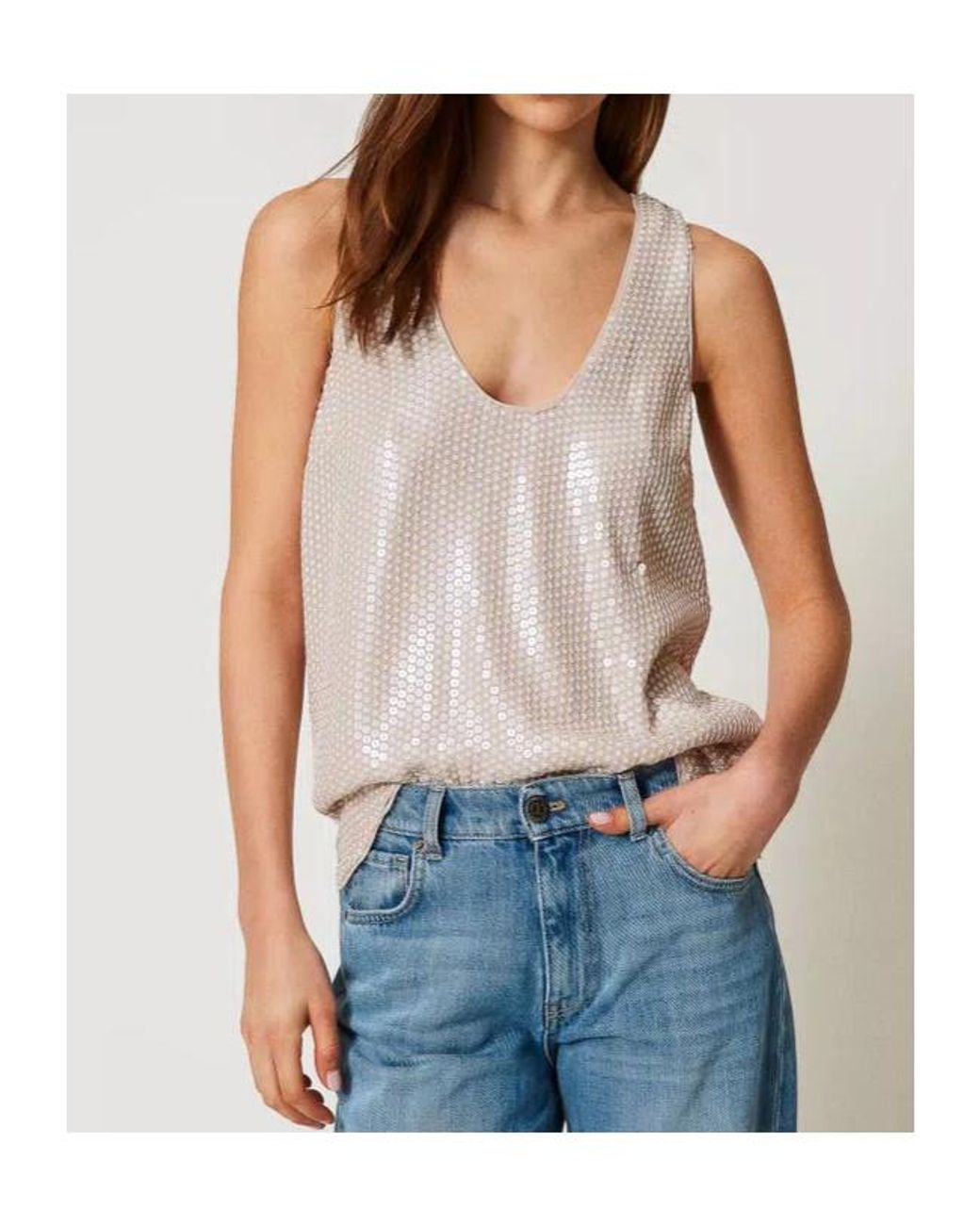 Twinset Natural Sequin-Embellished Tank Top