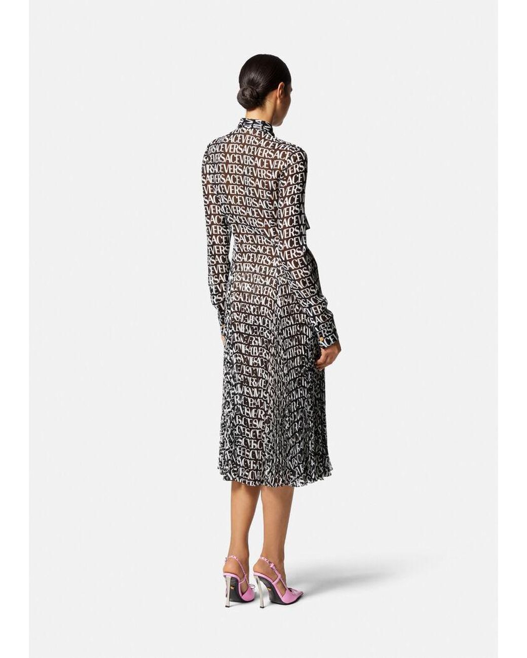 Versace Gray Logo Print Sheer Midi Dress