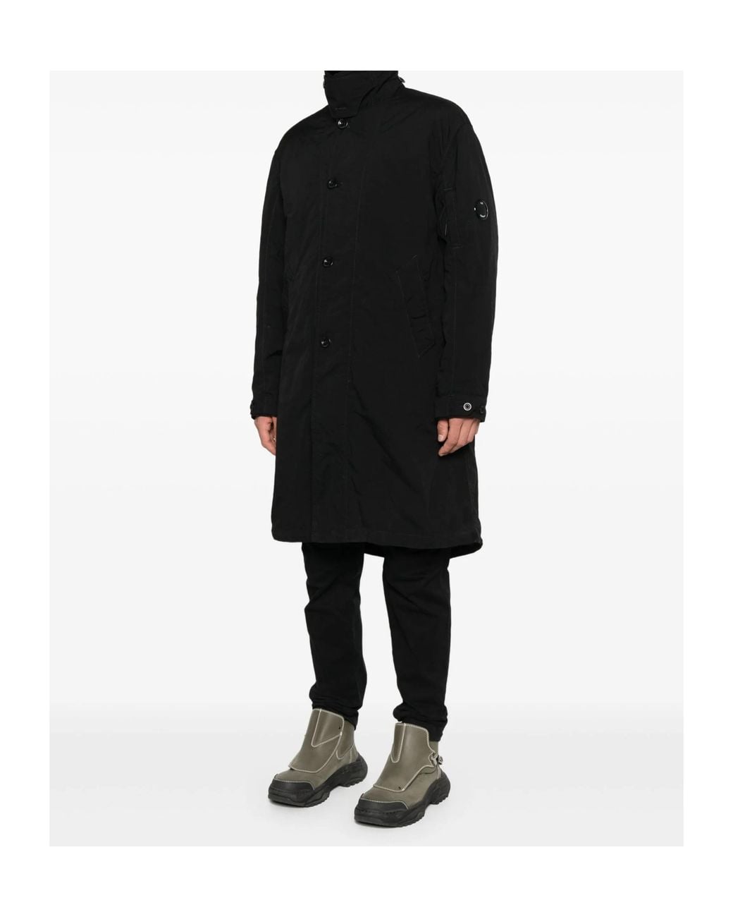 C P Company Black Button-Fastening Lens-Detail Coat for men