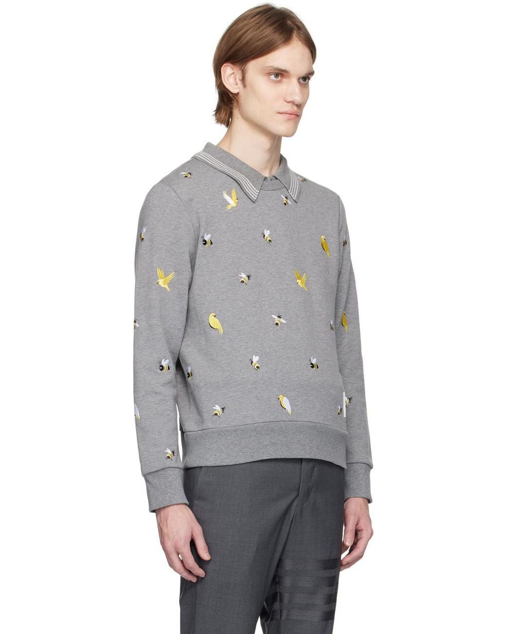 Thom Browne Gray Embroidered Crewneck Sweatshirt for men