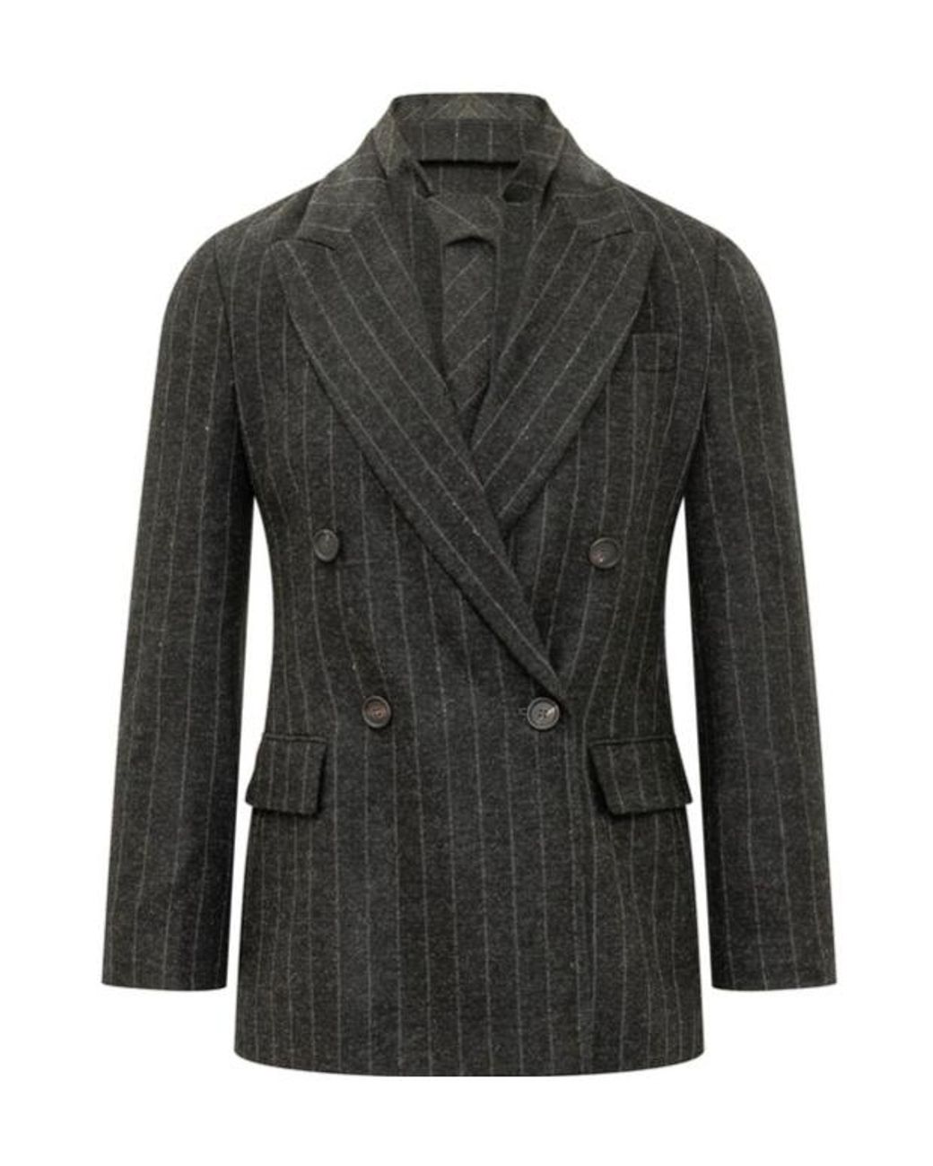 Brunello Cucinelli Black Double-Breasted Pinstripe Blazer