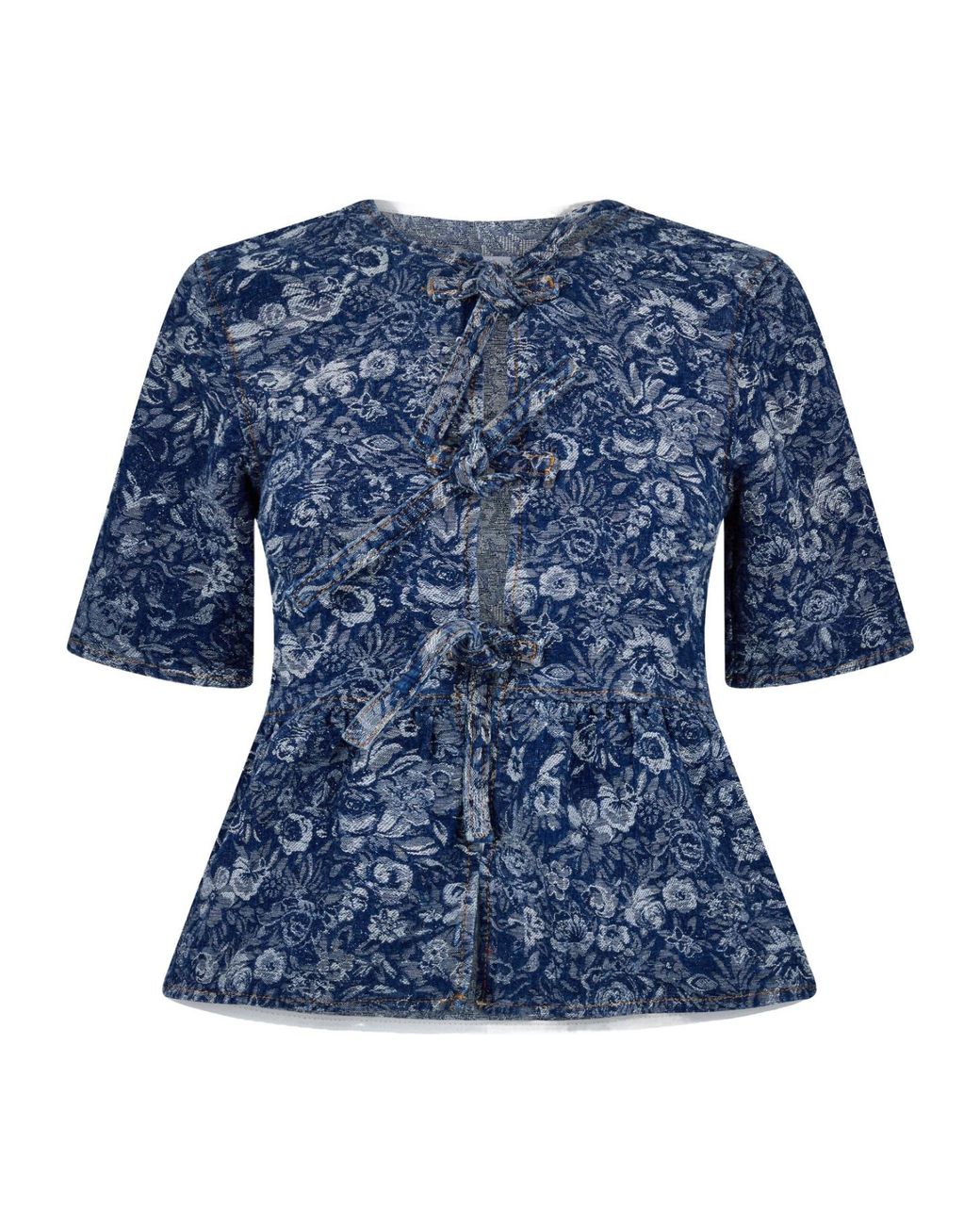 Ganni Blue Cotton Poplin Peplum Tie Blouse