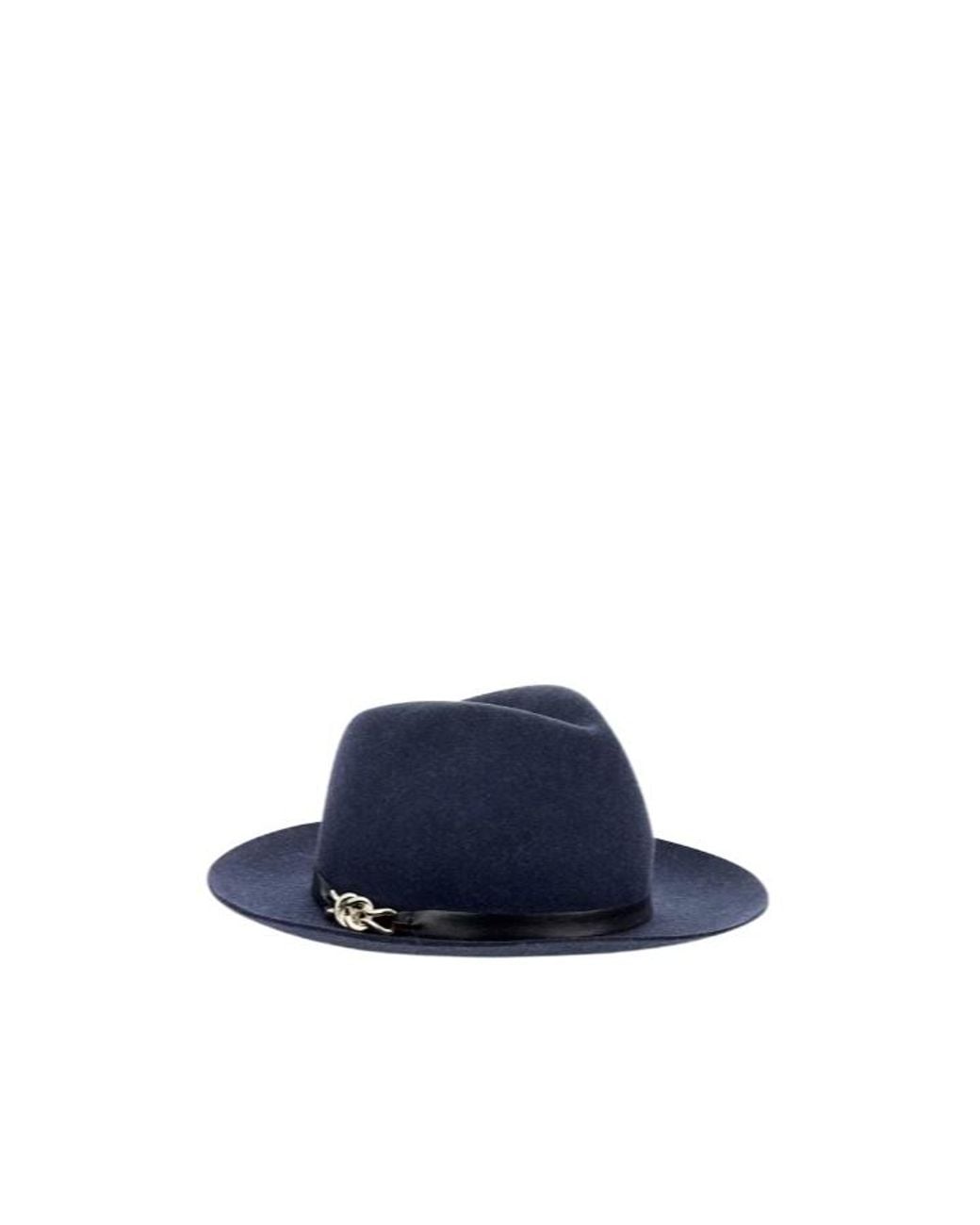 Emporio Armani Blue Merino Wool Fedora Hat With A Leather Band And Chain Detail