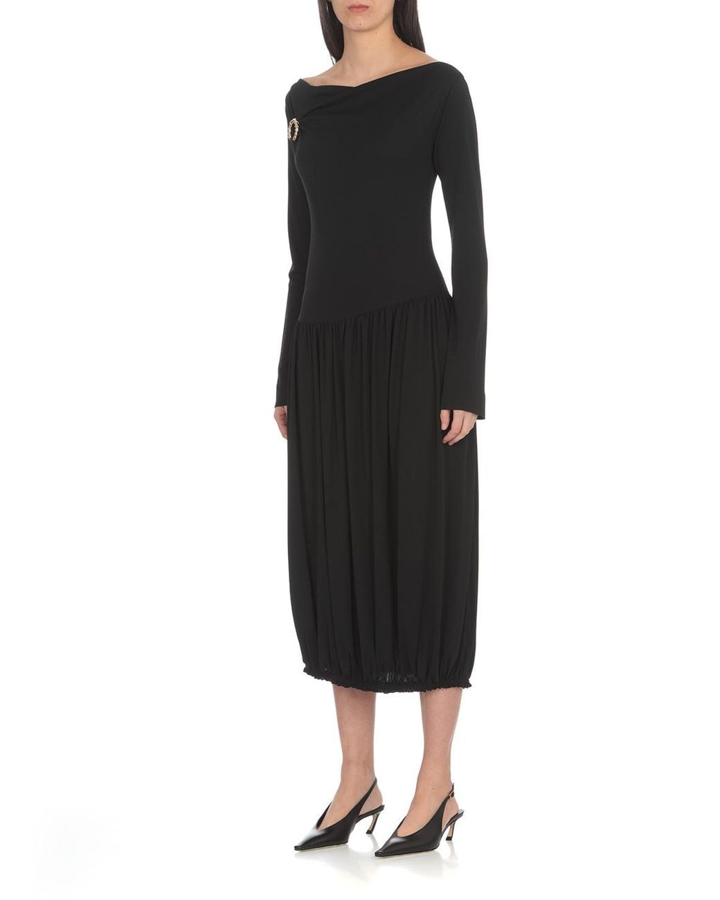 Lanvin Black Asymmetric Pleated Midi Dress