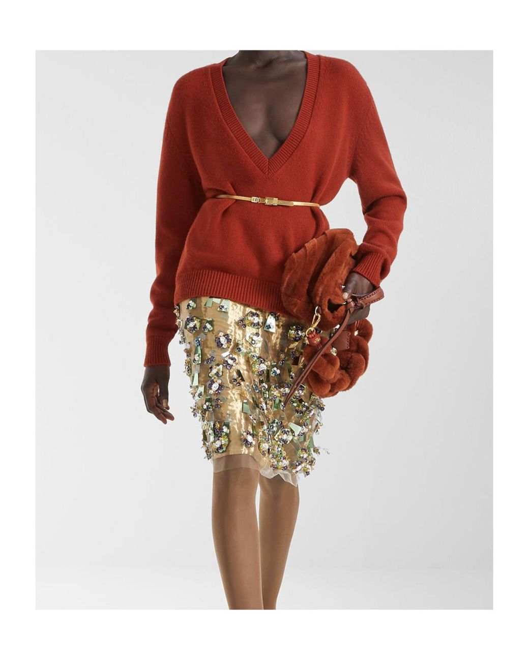 Fendi Red V-Neck Elastic Waistband Knitted Jumper