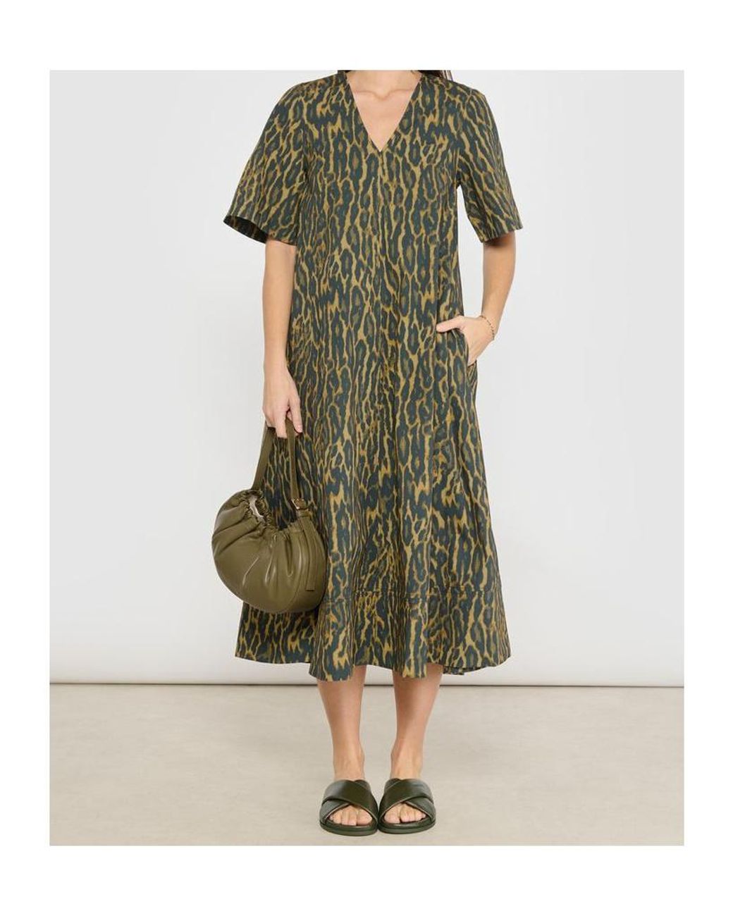 Ganni Green Leopard-Printed V-Neck Dress