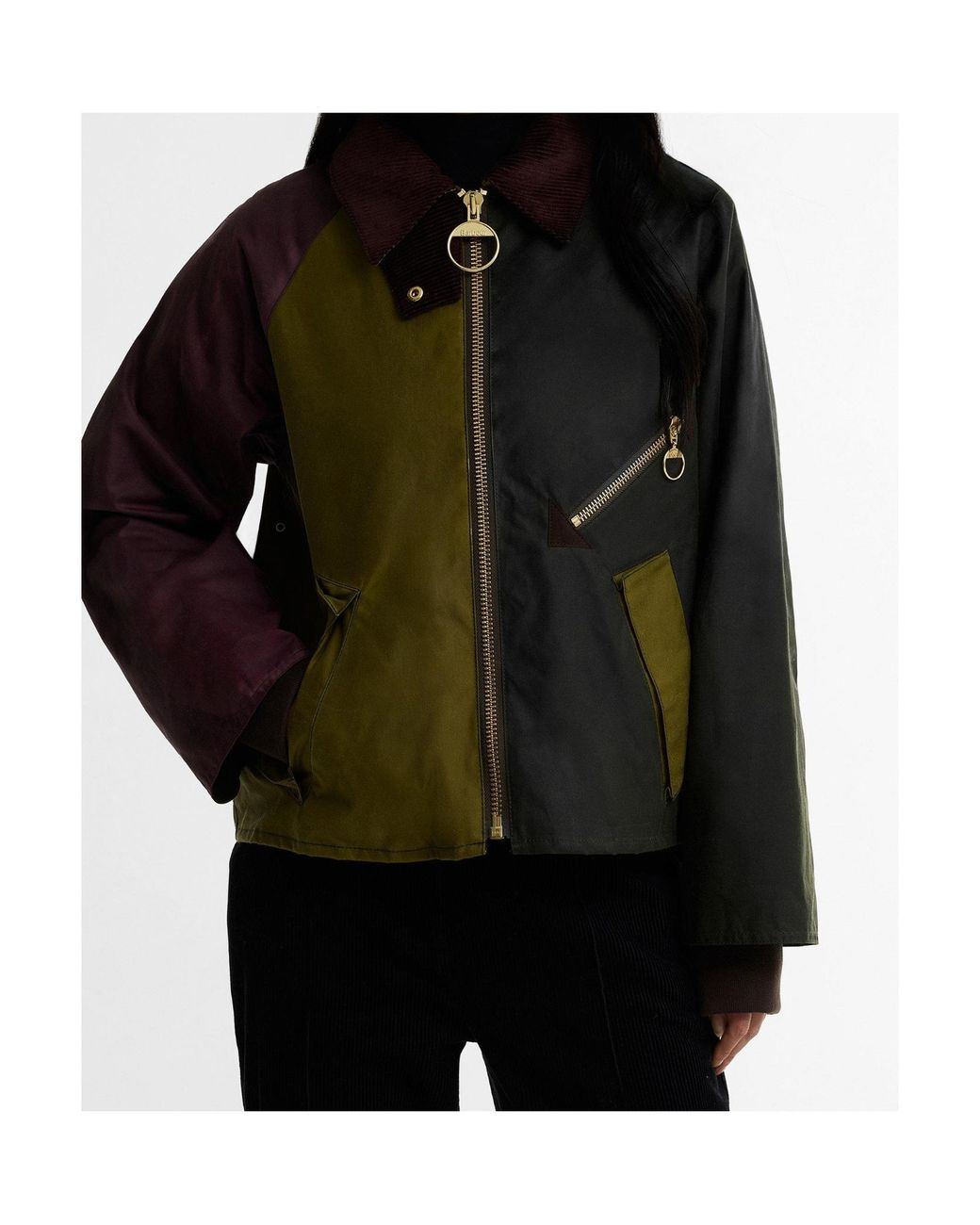 Barbour Green Colour-Block Cord Collar Cropped Jacket