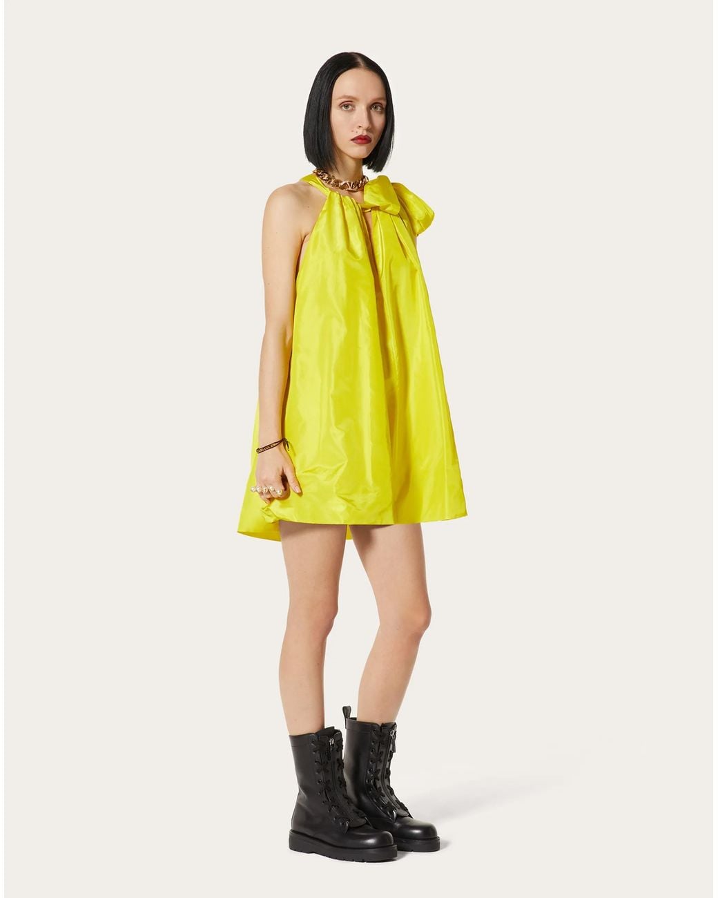 Valentino Yellow Gathered-Neck Silk Shift Dress