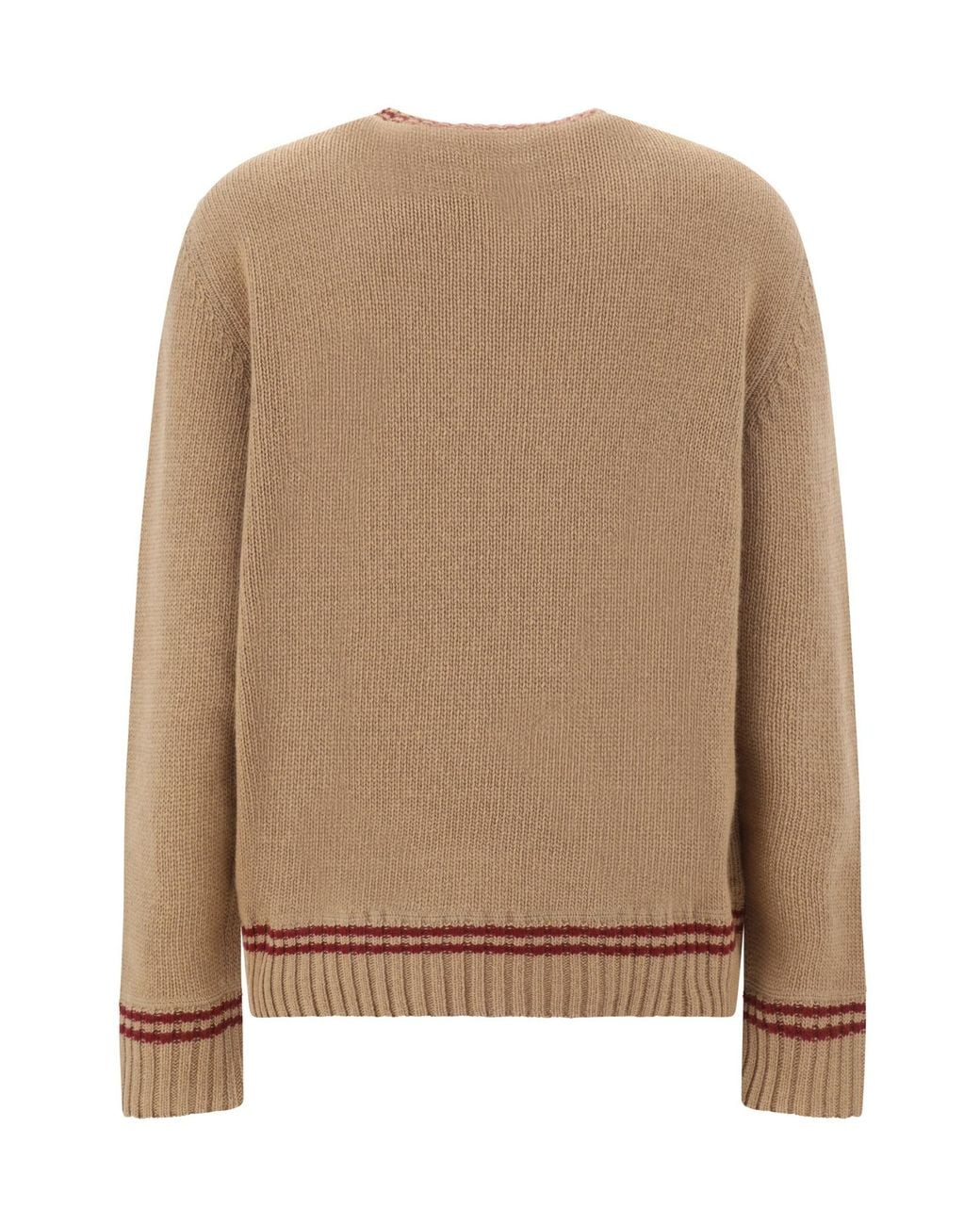 Prada Brown Logo-Intarsia Striped-Trim Crewneck Jumper