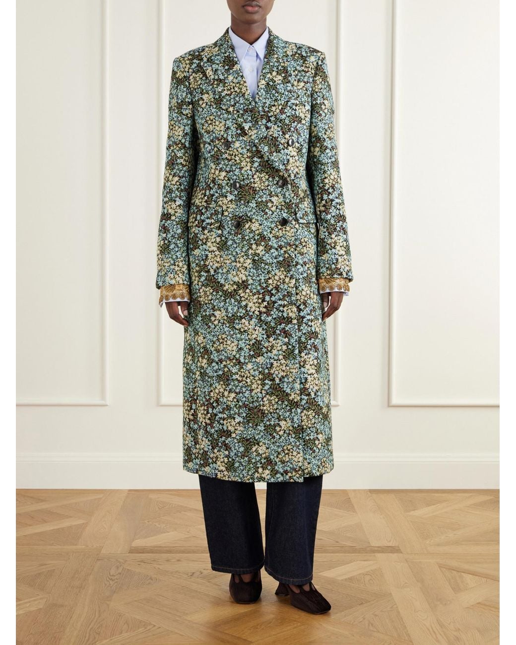 Dries Van Noten Green Double-Breasted Floral-Jacquard Coat