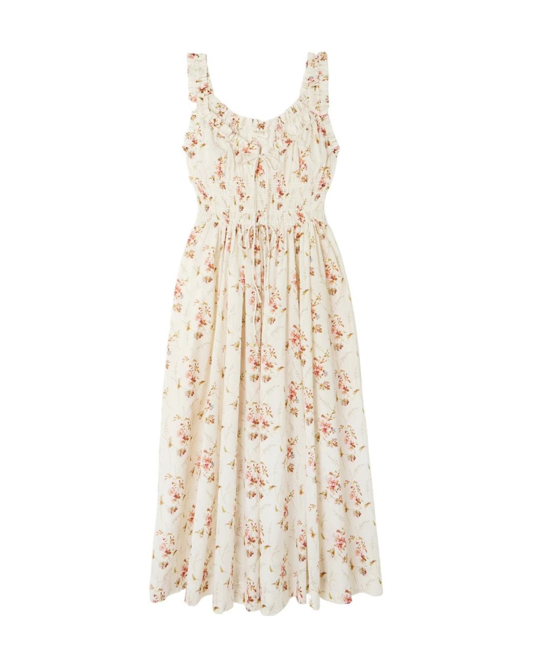 Doen Natural Tie-Detailed Shirred Floral-Print Organic Cotton Midi Dress