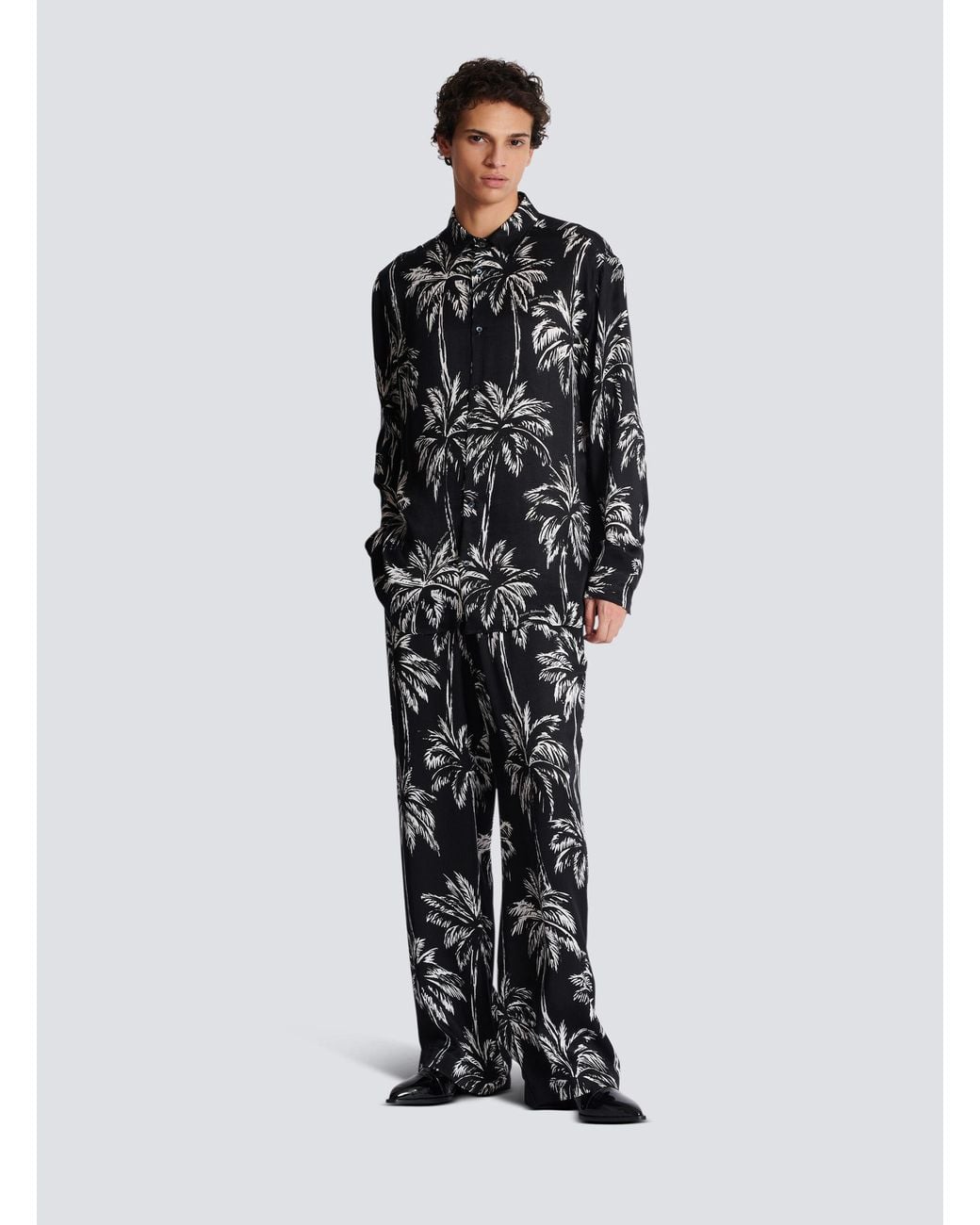 Balmain Black Palm Print Satin Pyjama Trousers for men