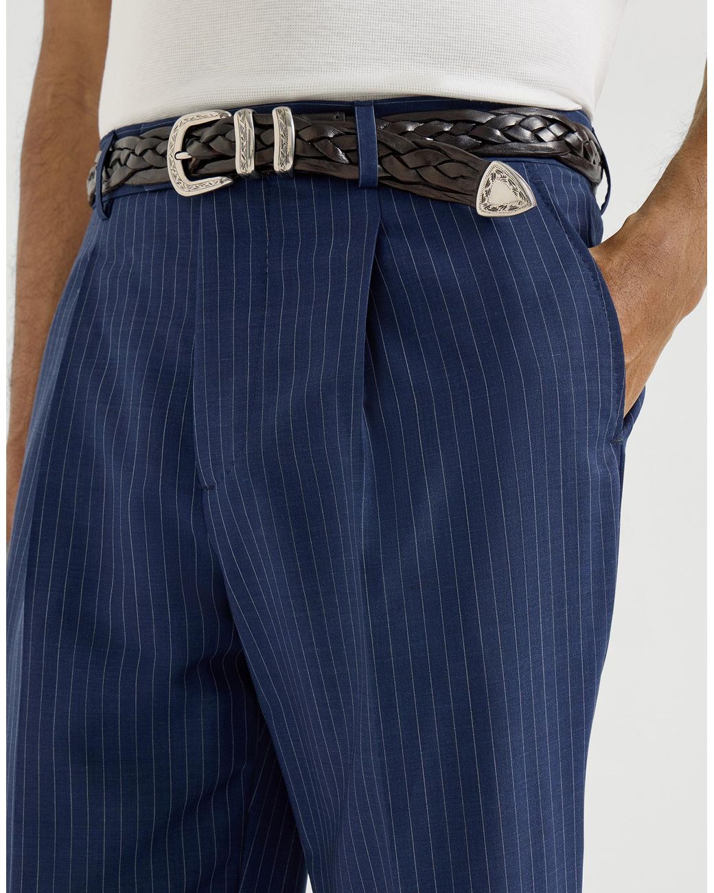 Brunello Cucinelli Blue Wool And Mohair Pinstripe Fresco Trousers With Pleat for men