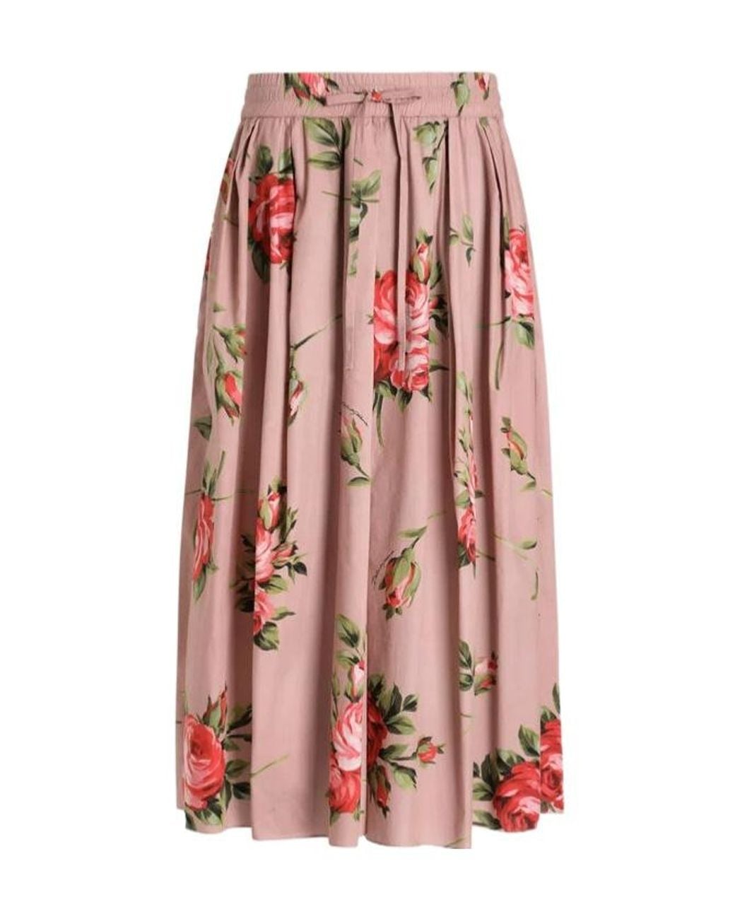 Dolce & Gabbana Red Pleated Floral Midi Skirt
