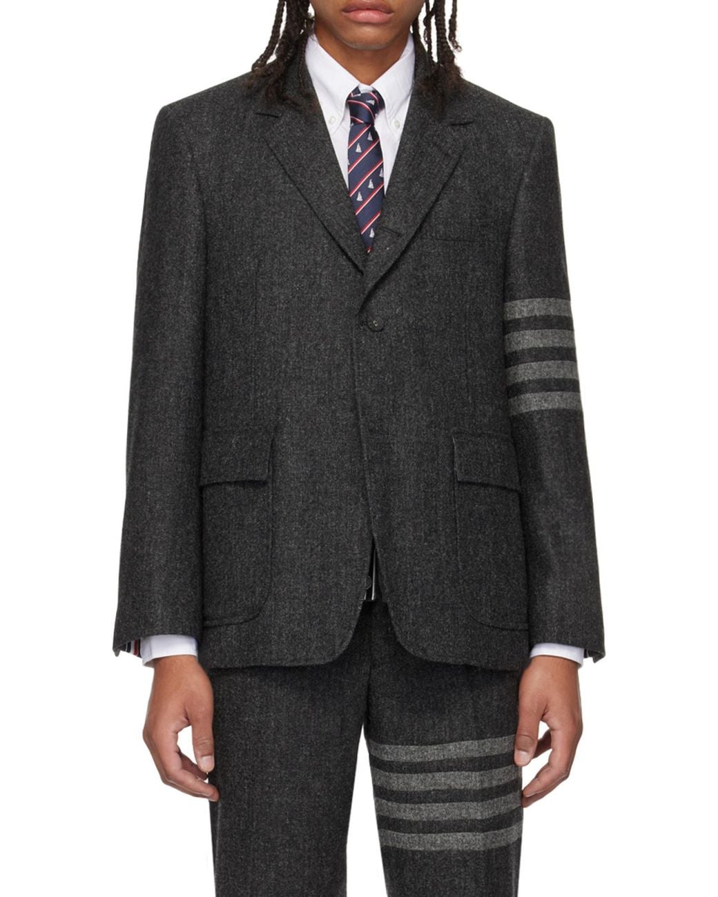 Thom Browne Gray Stripe-Detailed Single-Breasted Tailored Blazer for men