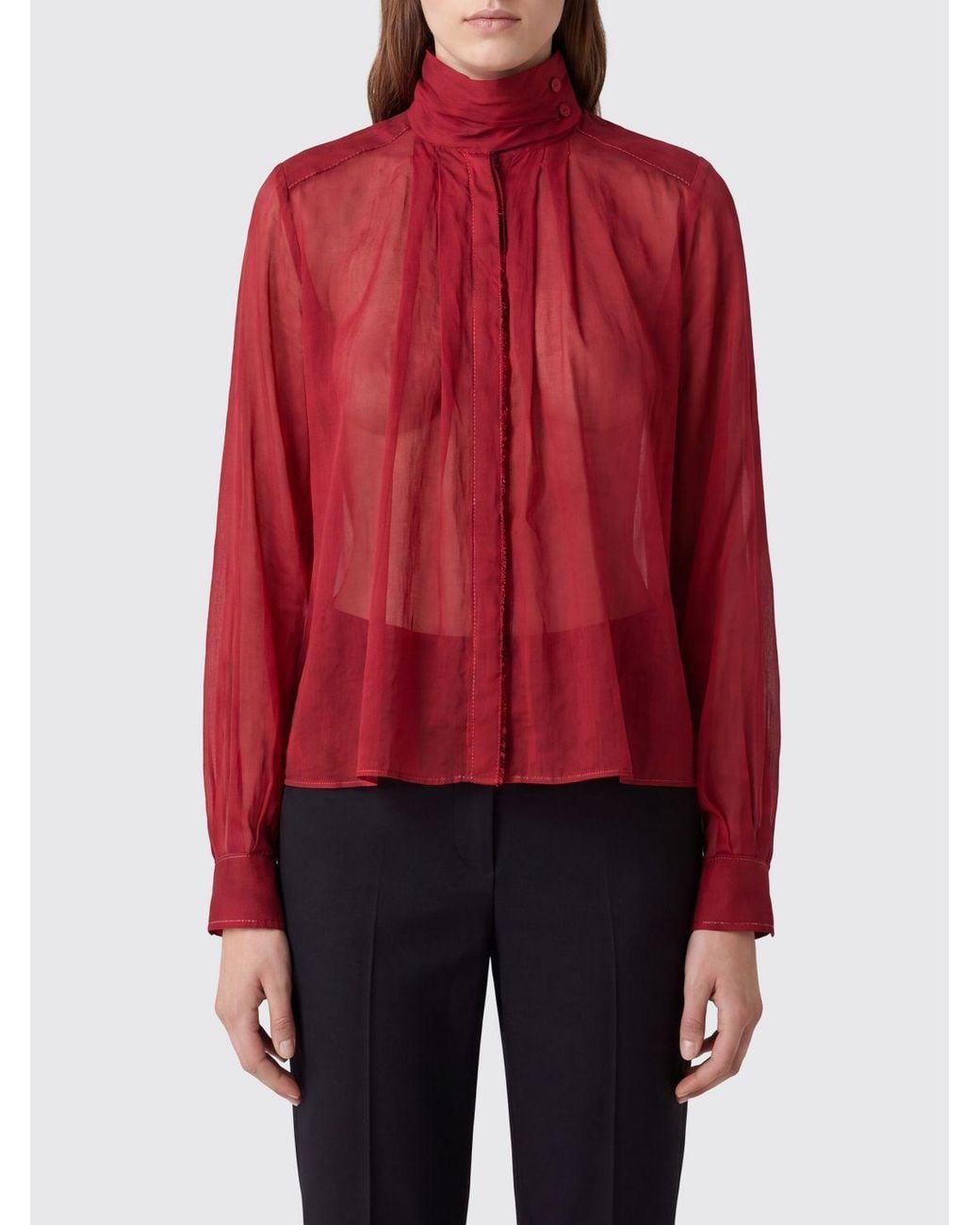 Forte_forte Red Pleated High Neck Blouse