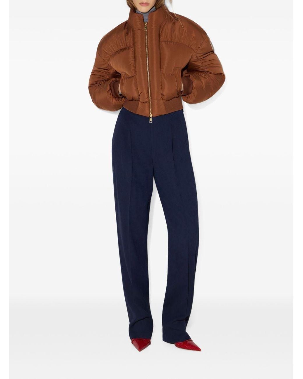Elisabetta Franchi Brown Cropped Curled-Sleeve Down Jacket