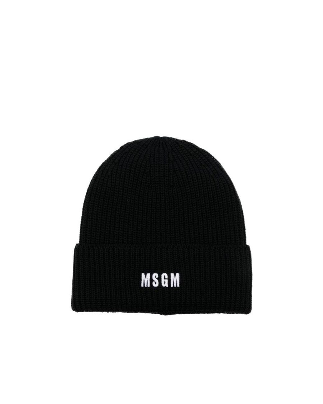 MSGM Black Logo Embroidered Ribbed-Knit Beanie