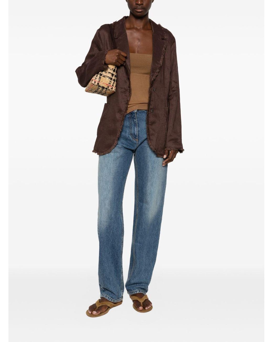 P.A.R.O.S.H. Brown Frayed-Edge Logo-Embroidered Jacket