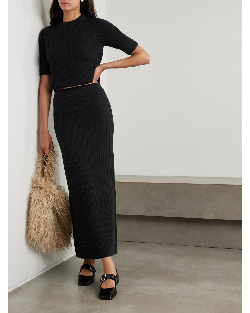 arch4 Black Lisa Ribbed Cashmere Maxi Skirt