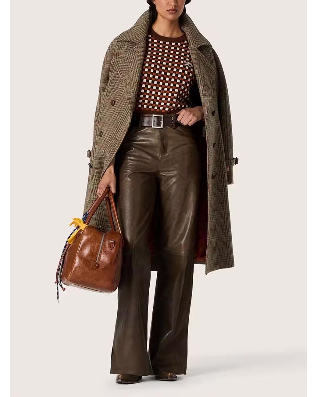 Golden Goose Deluxe Brand Brown Checked Double-Breasted Belted Coat