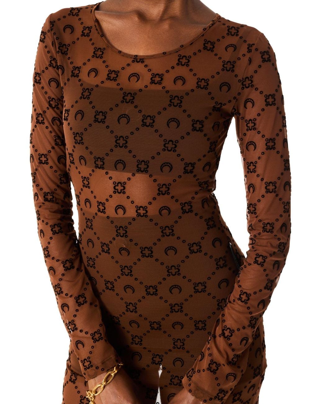 MARINE SERRE Brown Moonogram Mesh Flock Long Sleeves Midi Crewneck Dress