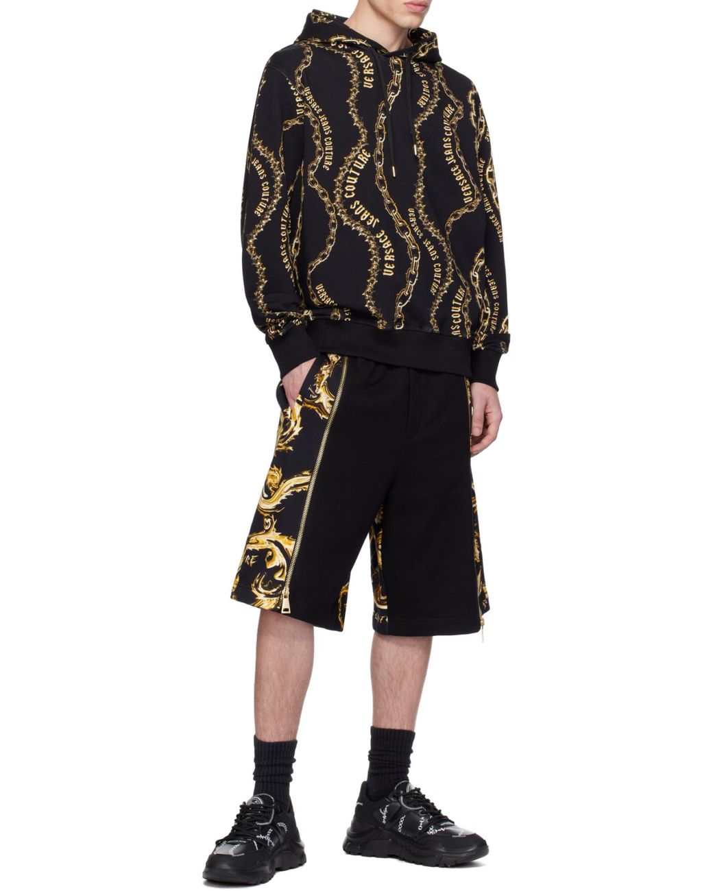 Versace Jeans Black Couture Chain-Link Printed Drawstring Hoodie for men