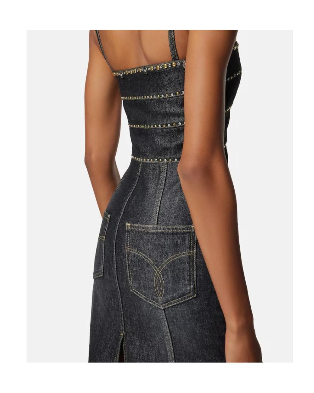 Versace Black Embellished Denim Fitted Midi Dress