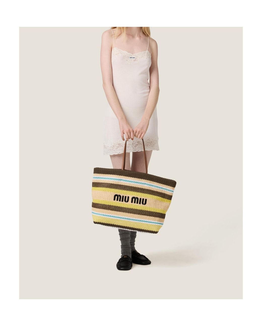 Miu Miu Raffia-Effect Woven Tote Bag in Metallic | Lyst