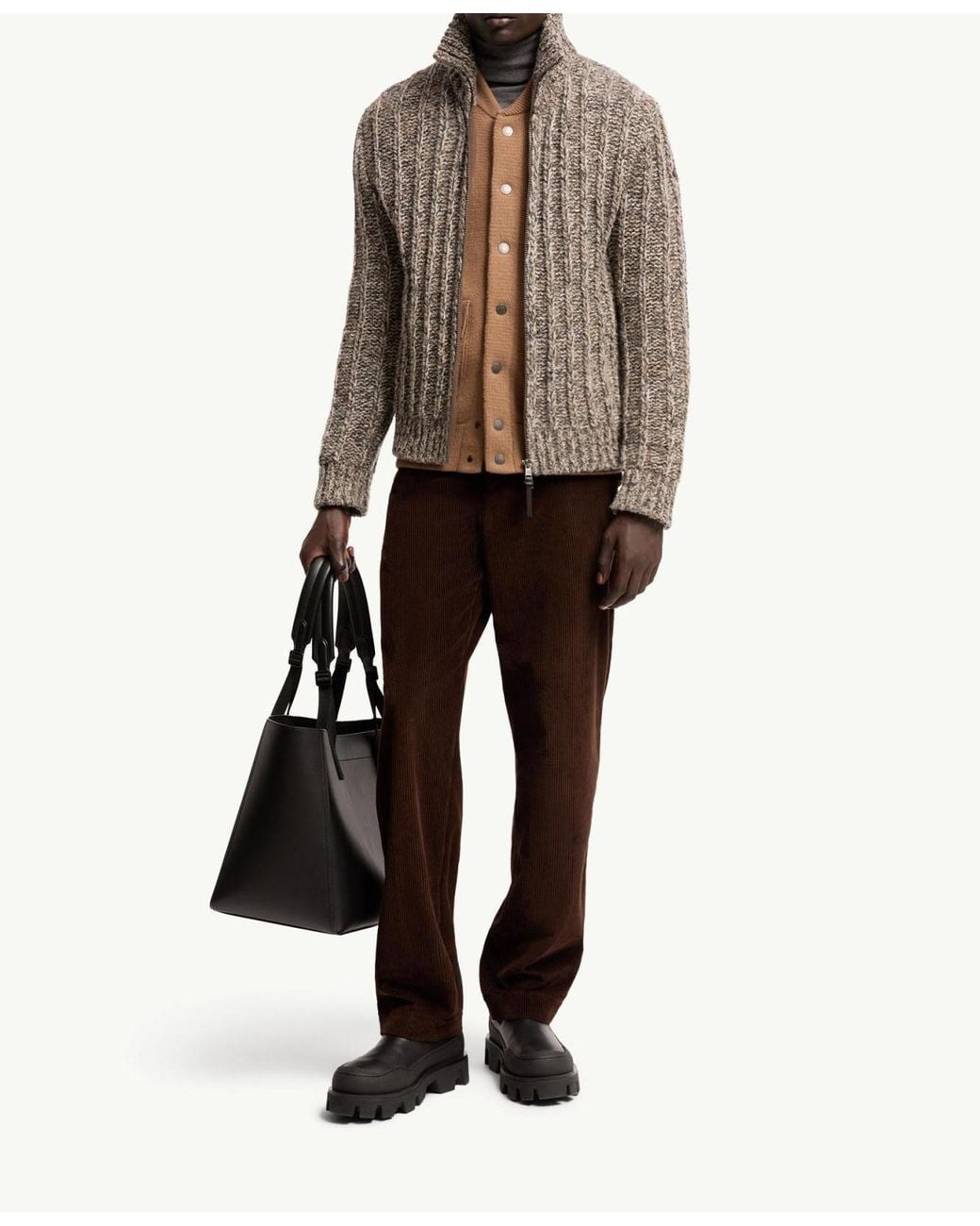 Moncler Brown Wool Blend Bouclé Zip-Up Cardigan for men