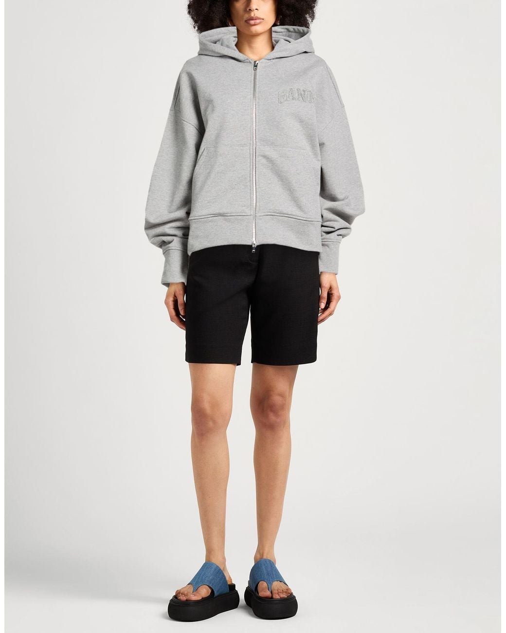 Ganni Gray Solid-Colored Hooded Jacket