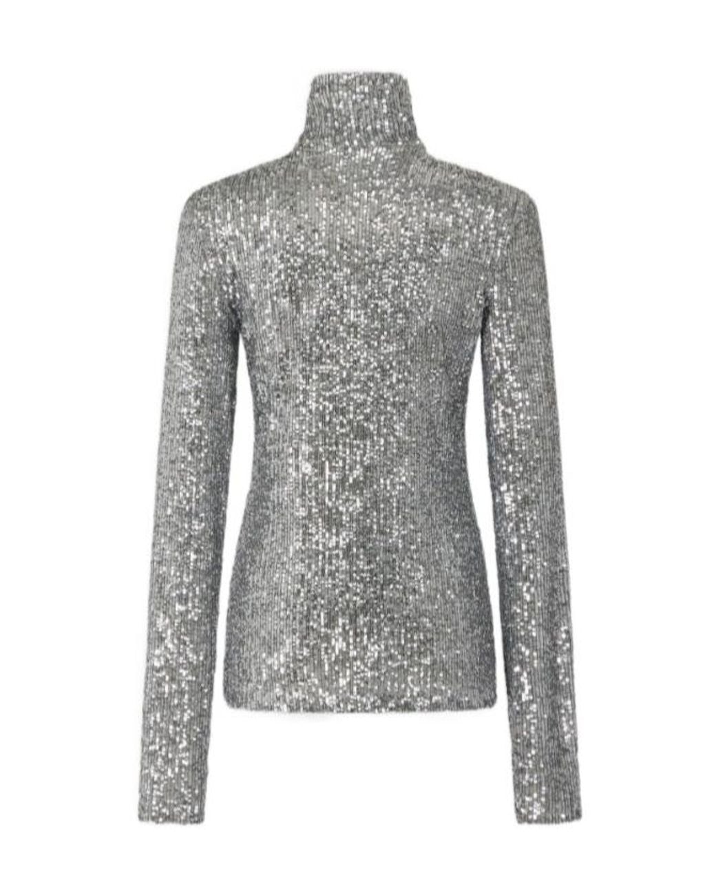 Rabanne Gray Sequin Embellished Turtleneck Top