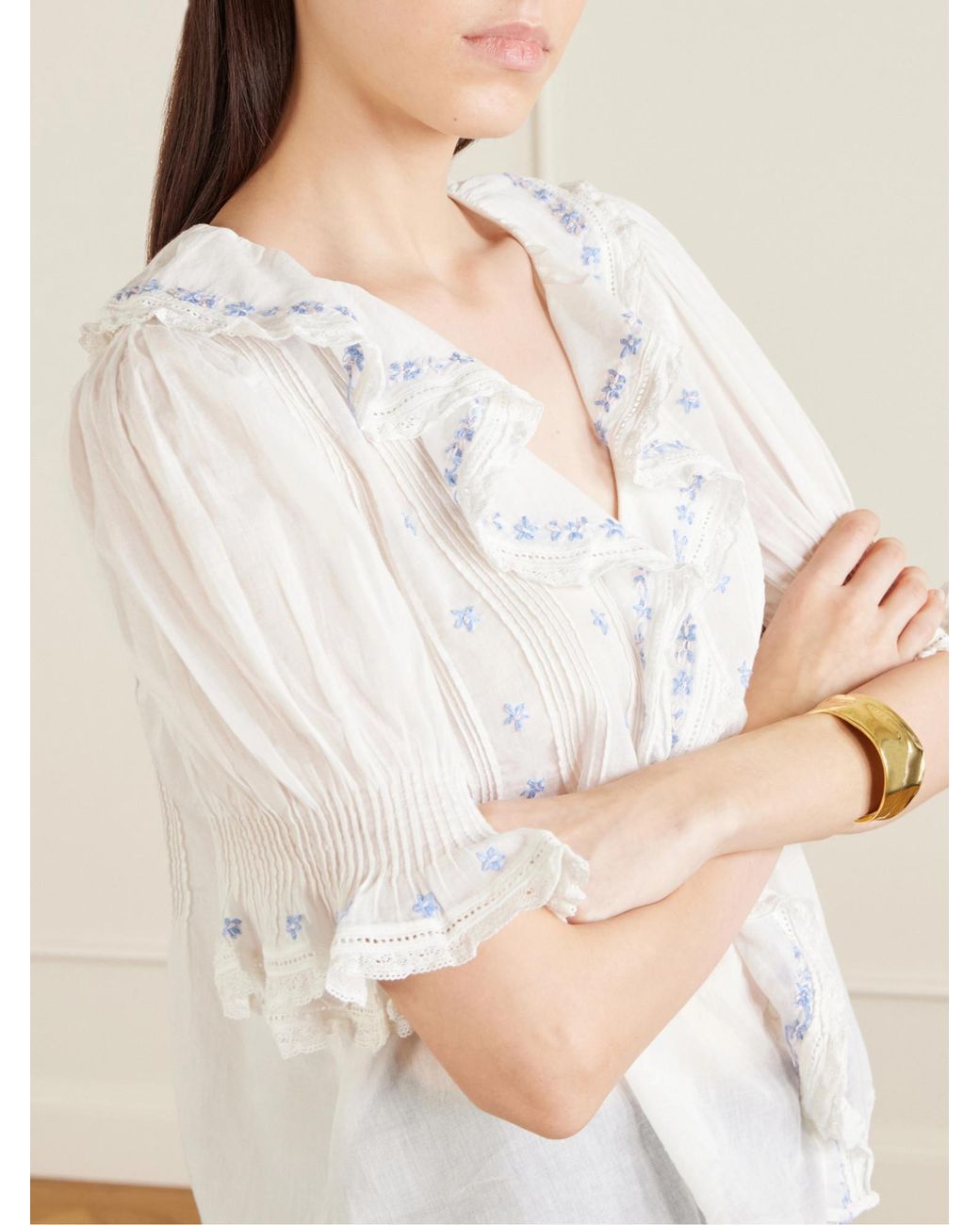 Doen White Hettie Ruffled Floral-Embroidered Blouse