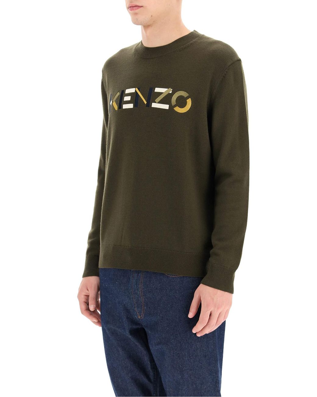 KENZO Green Embroidered Logo Wool Jumper for men