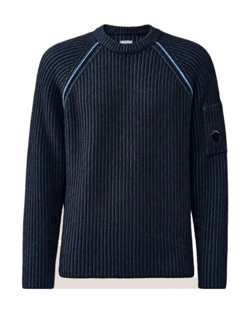 C P Company Blue Ribbed-Knit Lens-Detail Sweater for men