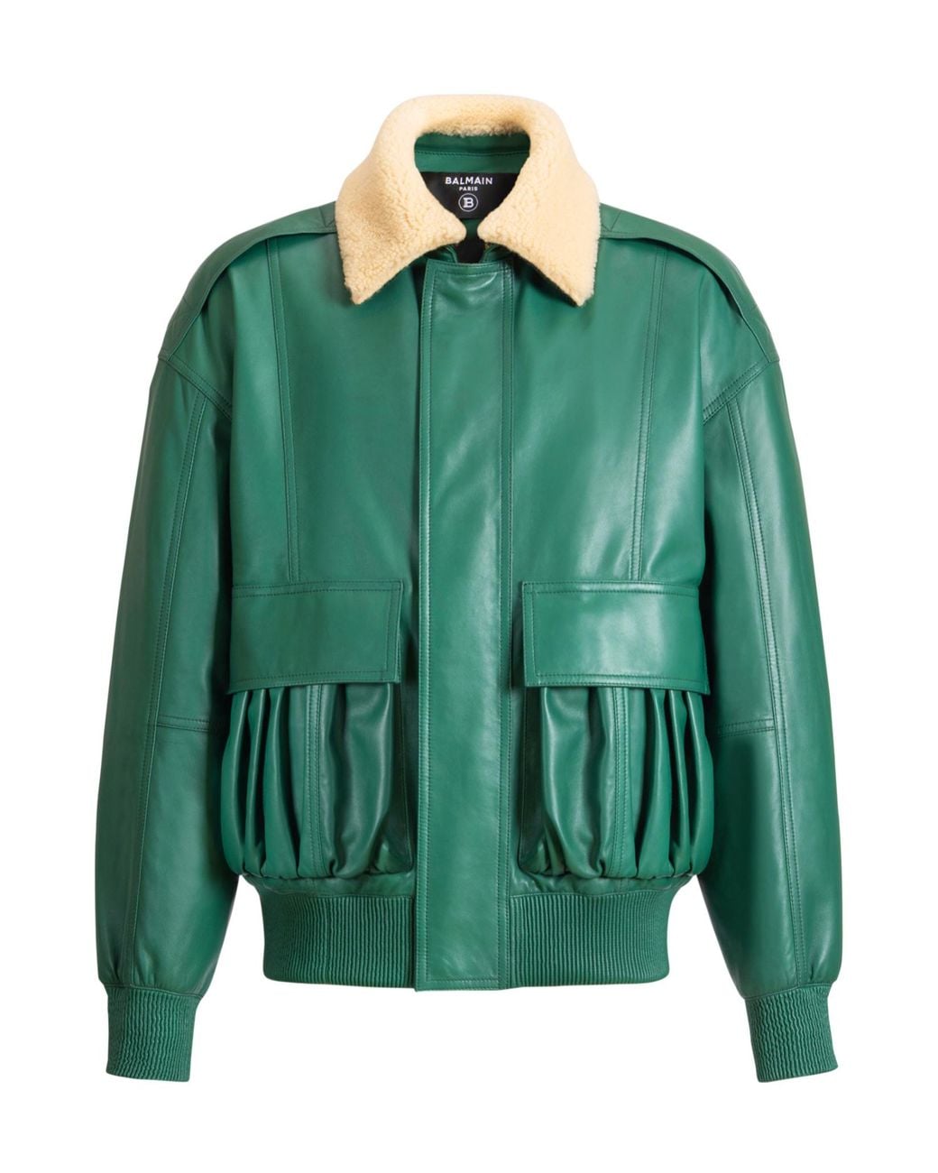 Balmain Green Shearling Leather Bomber Jacket for men