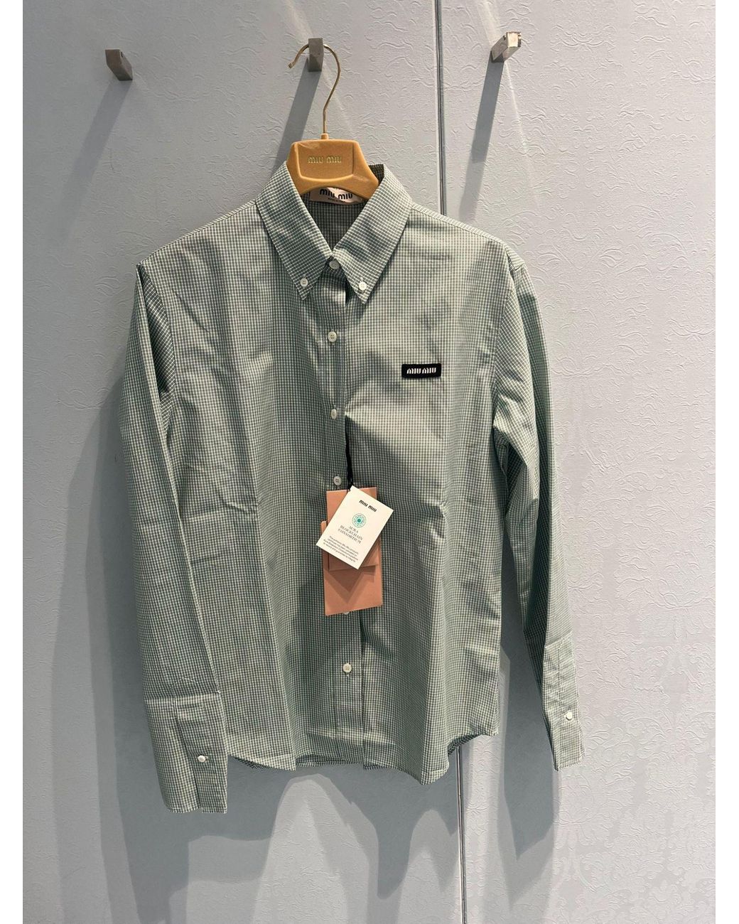 Miu Miu Blue Logo-Embroidered Button-Up Checked Shirt